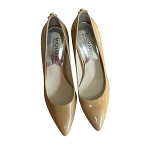 Michael Kors Pointed Toe Heels Tan Patent Leather Pumps Heel Rhinestone Detail